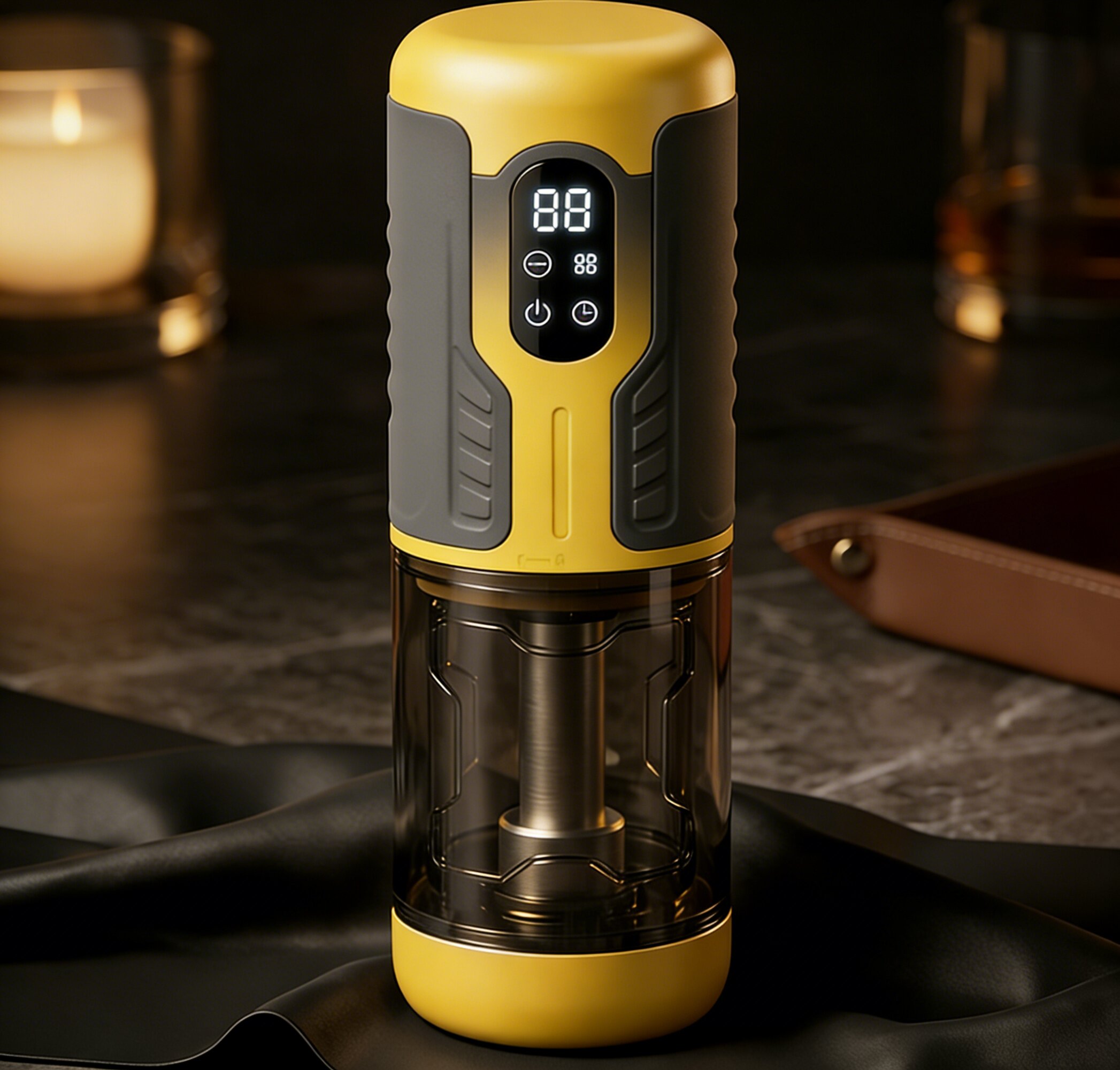 futuristic organic device with translucent materials and soft blue interior glow resting on black velvet