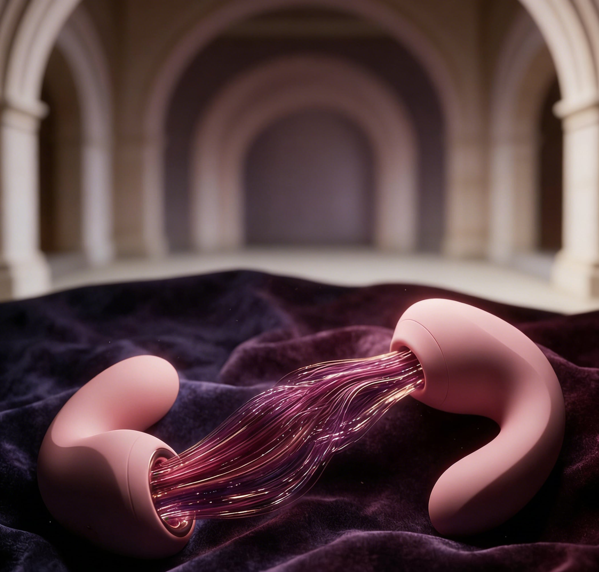 minimalist hardware design with sleek curves and glowing violet light accents in a dark studio setting