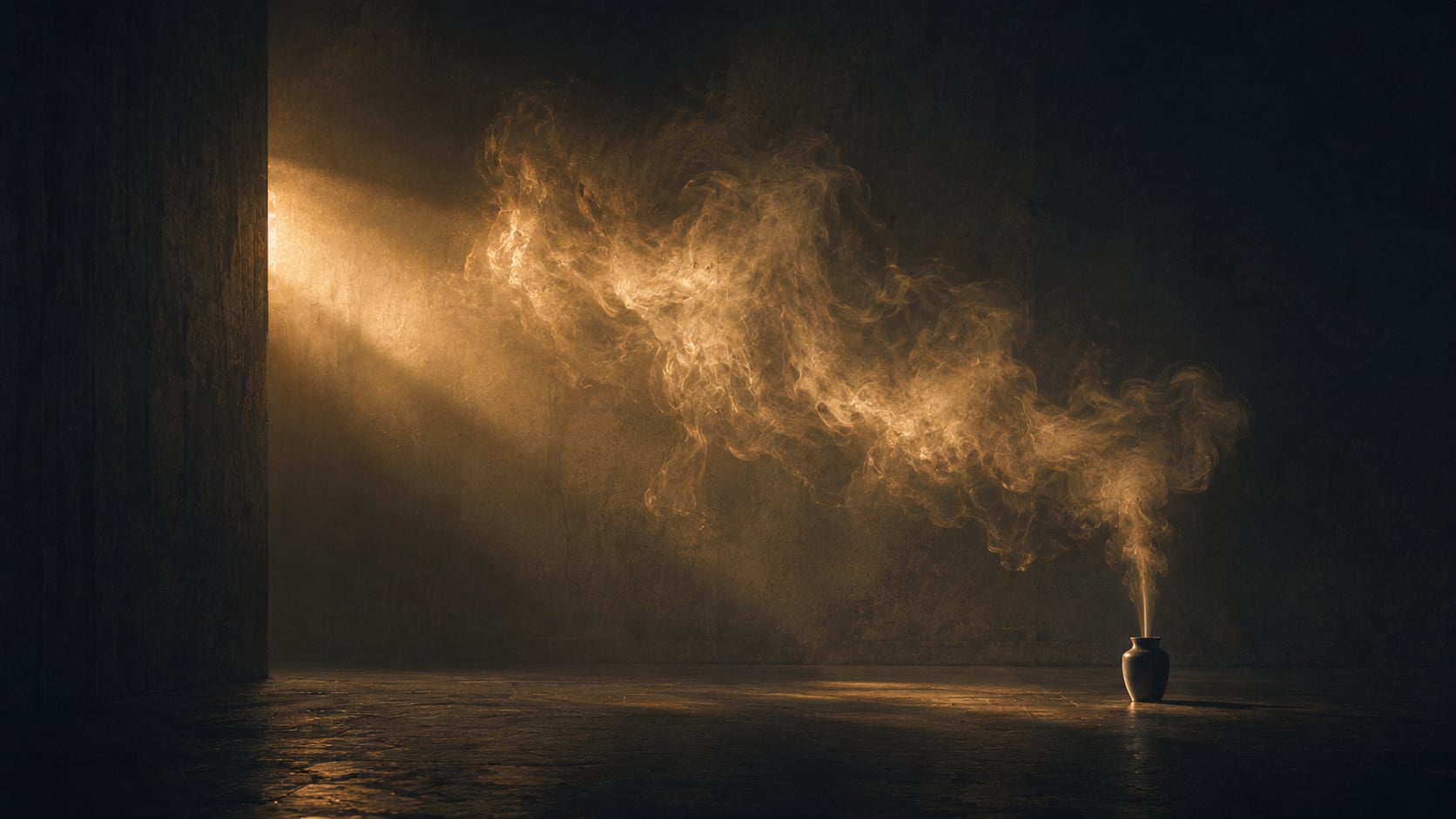 Minimalist luxury essential oil diffuser emitting a soft holographic mist in a dark, atmospheric futuristic room with violet ambient lighting